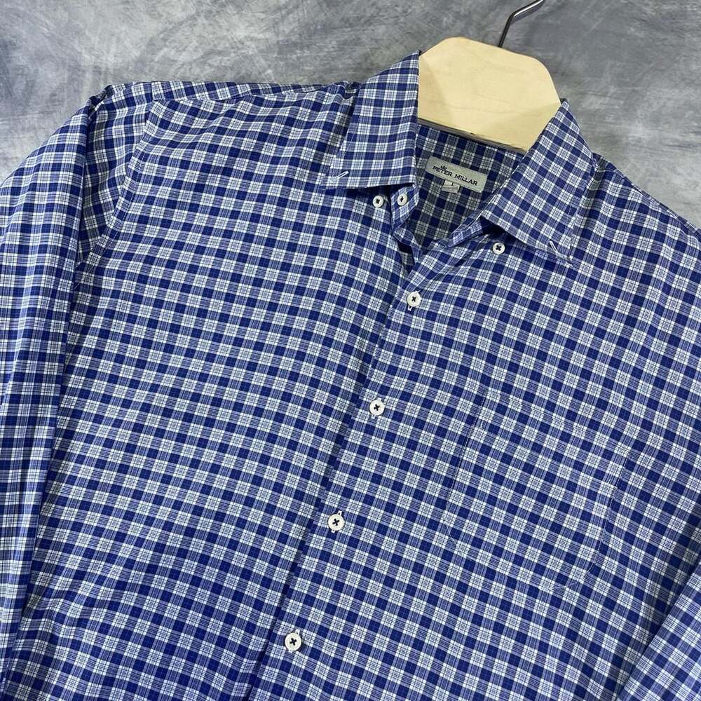 Peter Millar Shirt Size L Blue White Plaid Long Sleeve Button Down